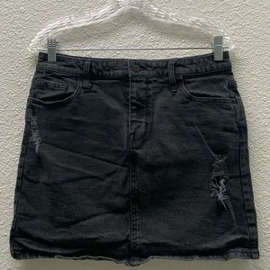 Black denim distressed mini skirt